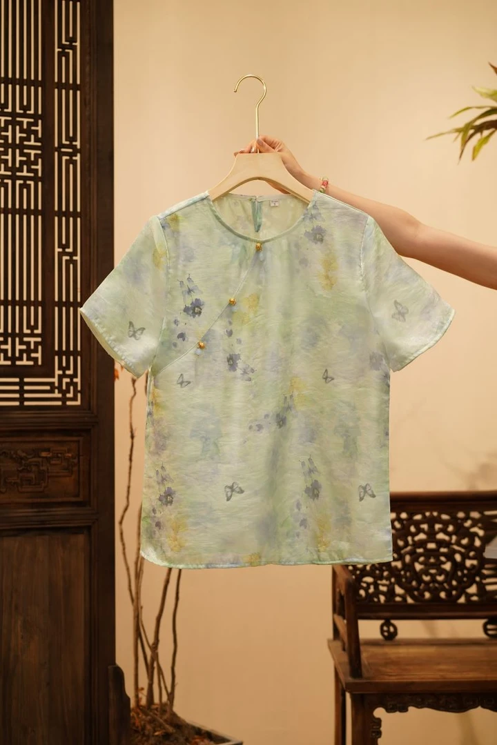 水墨蝴蝶｜新中式国风时尚百搭重磅浮光锦上衣旗袍小衫-5363