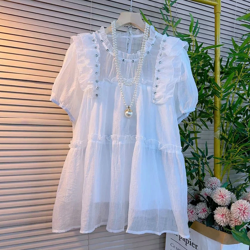 时尚重工镶钻甜美时尚百搭显瘦荷叶边胖MM大码2025夏季新款雪纺衫