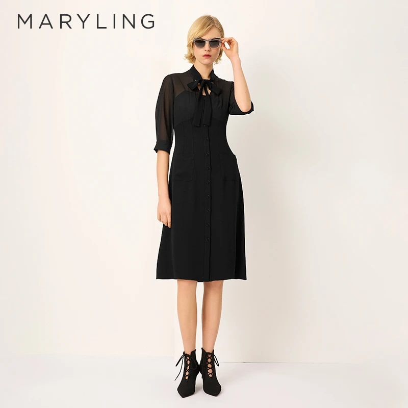 MARYLING玛俪琳2025春季新品知性黑色小A廓形连衣裙A1FBW61810