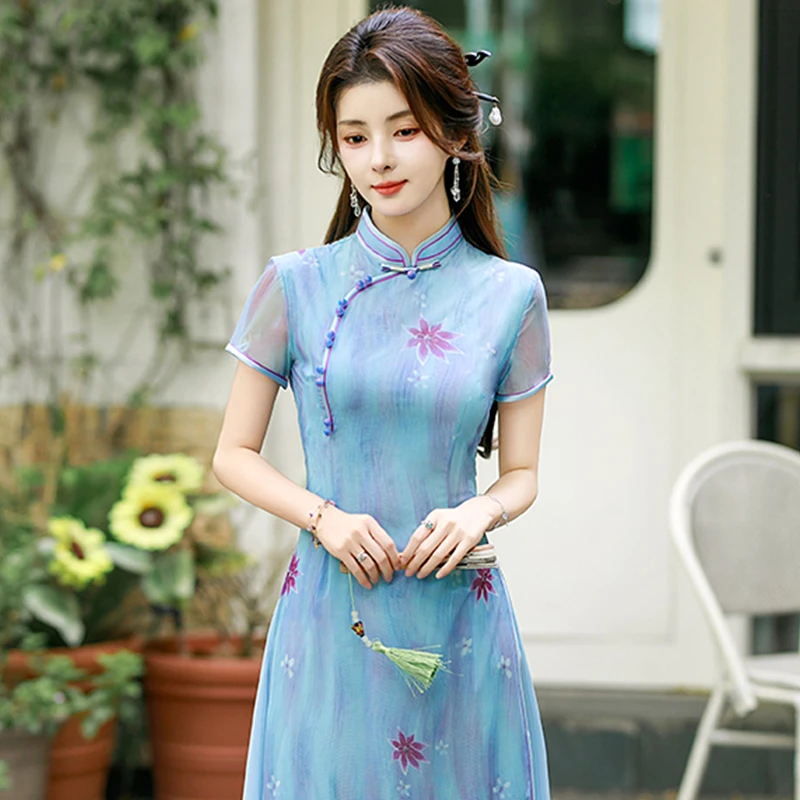 新中式旗袍2025夏季高端上海素雅国风礼服改良日常可穿蓝色连衣裙