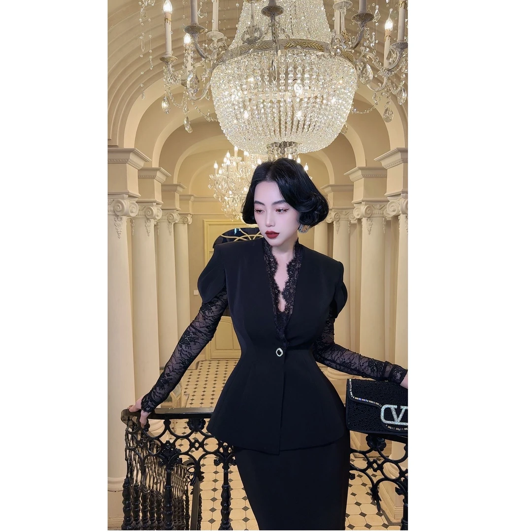 LYXJ【弗拉特夜曲】春款 重工拼接设计蕾丝西装11735