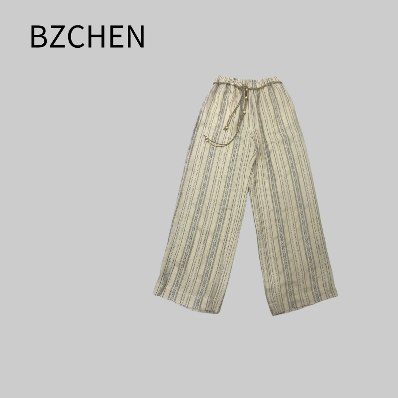 BZCHEN 棉麻色纸松紧腰抽绳条纹阔腿直筒休闲长裤配串珠腰带