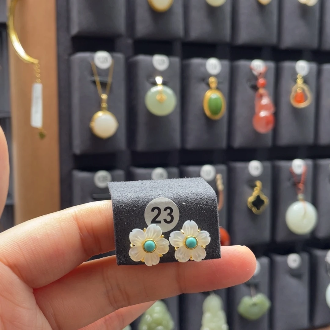 绿松石银S925镶嵌耳饰23号