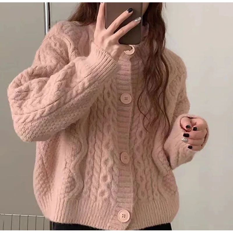 K193麻花毛衣外套减龄漂亮洋上衣针织开衫网红百搭宽松慵懒风