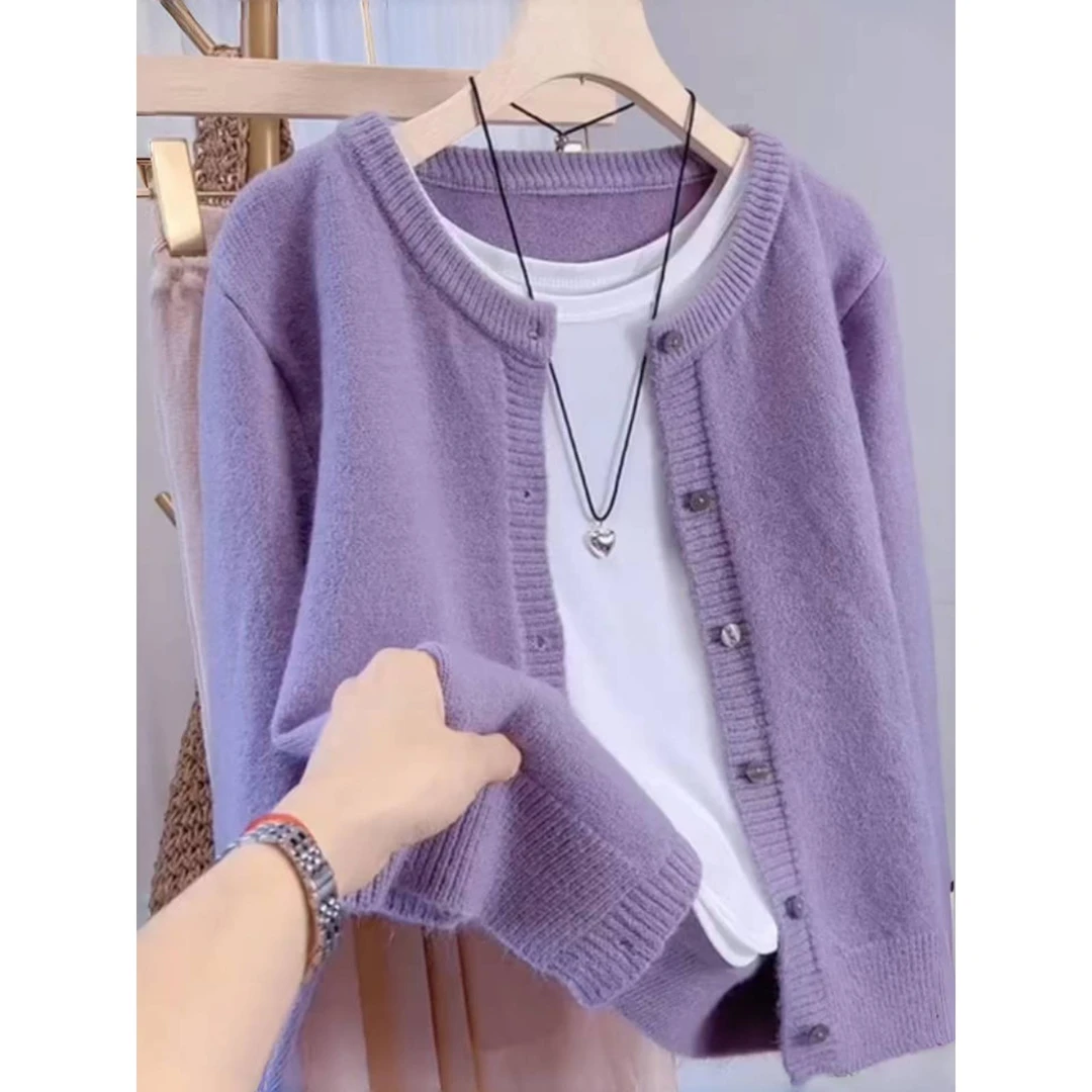 特大码300斤针织紫色毛衣开衫女外套秋新款宽松温柔单排扣上衣