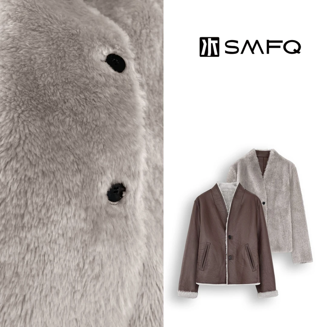 水木夫妻L*P 甄选法国羊羔毛 双面皮毛一体顶奢V领皮草外套