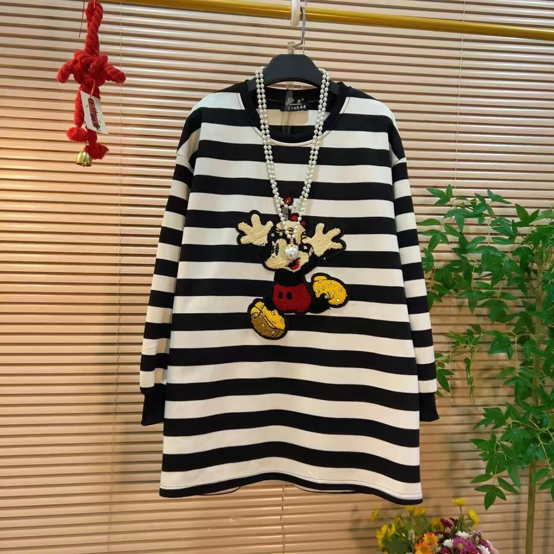 慵懒风卡通条纹中长款上衣胖YY2025秋季新款韩系休闲宽松百搭T恤