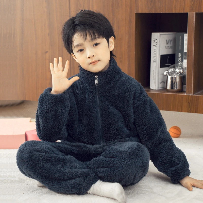 极简风儿童睡衣秋冬法兰绒韩版百搭家居服套装立领冬季宝宝加厚款