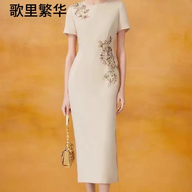 G+新款杏色三醋纤立体刺绣短袖连衣裙0145