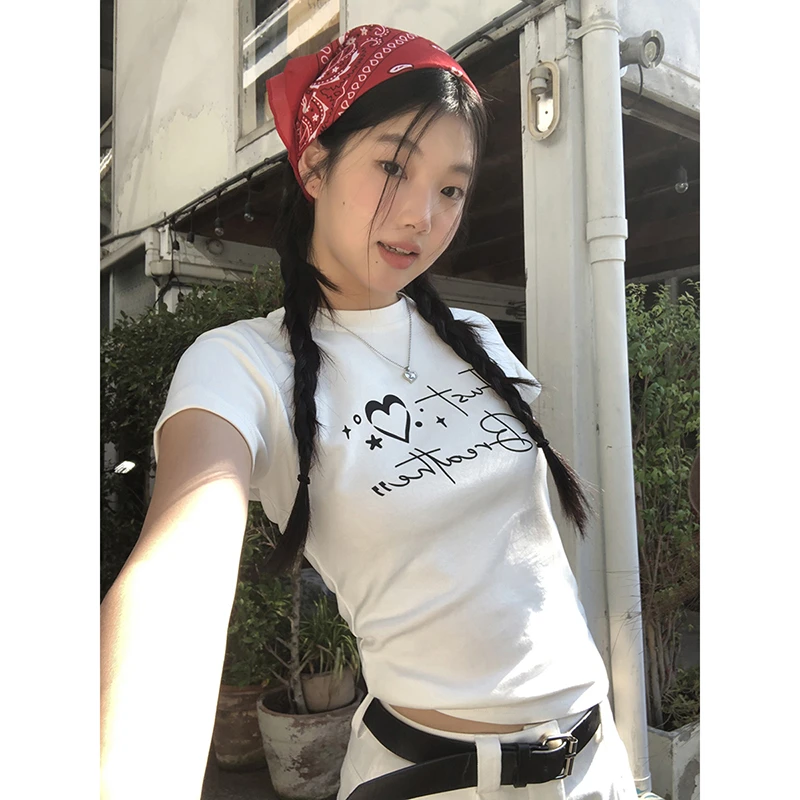 红人馆夏季2025新白色修身上衣辣妹ins印花圆领百搭T恤251T0415#