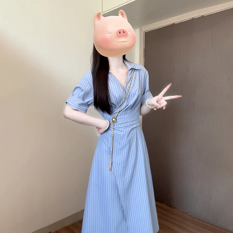 3329学院风条纹衬衫连衣裙子女装夏季新款法式气质绝美超好看长裙