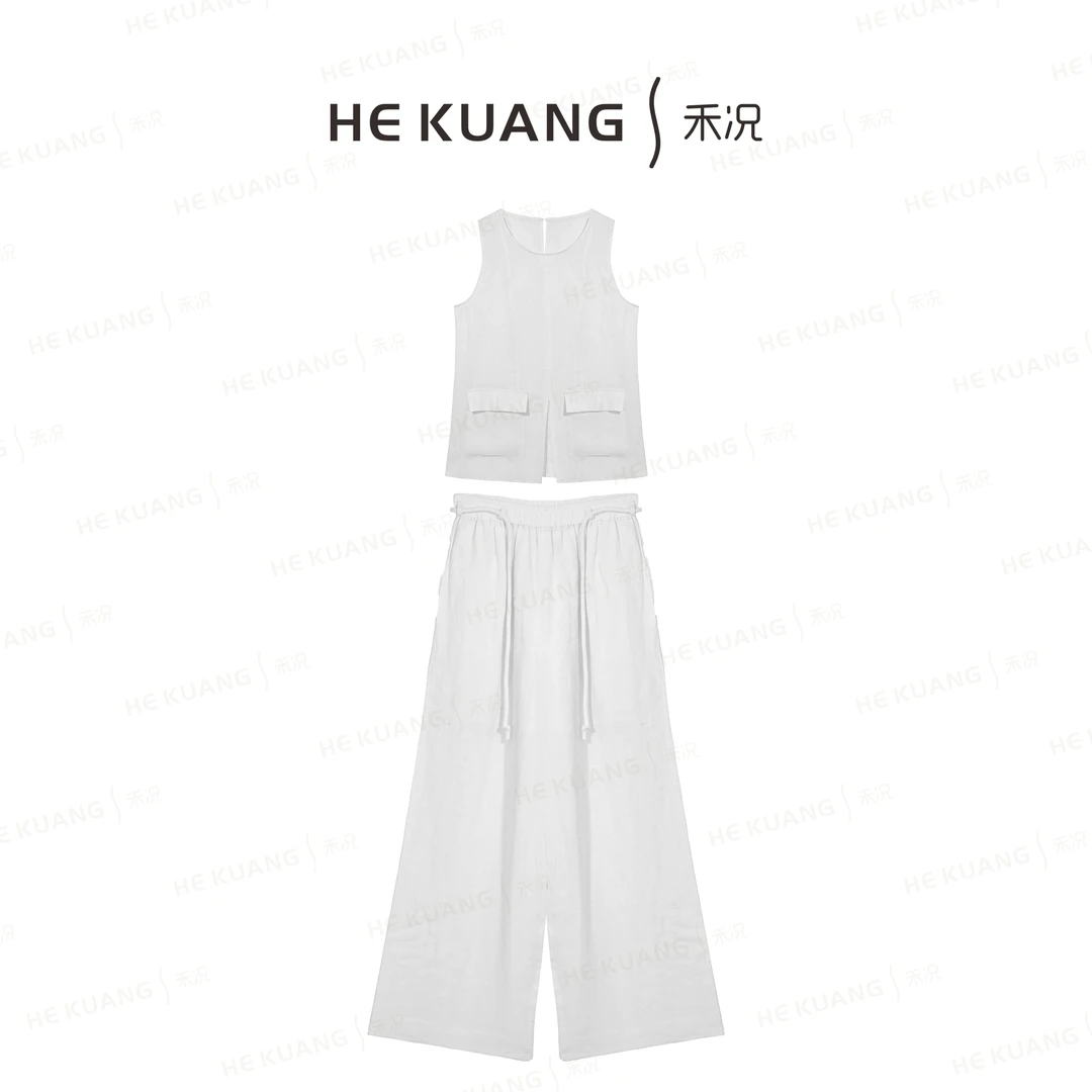禾况HEKUANG【幽蓝】亚麻天丝圆领无袖纯色套马甲+裤子D652 0275 Z