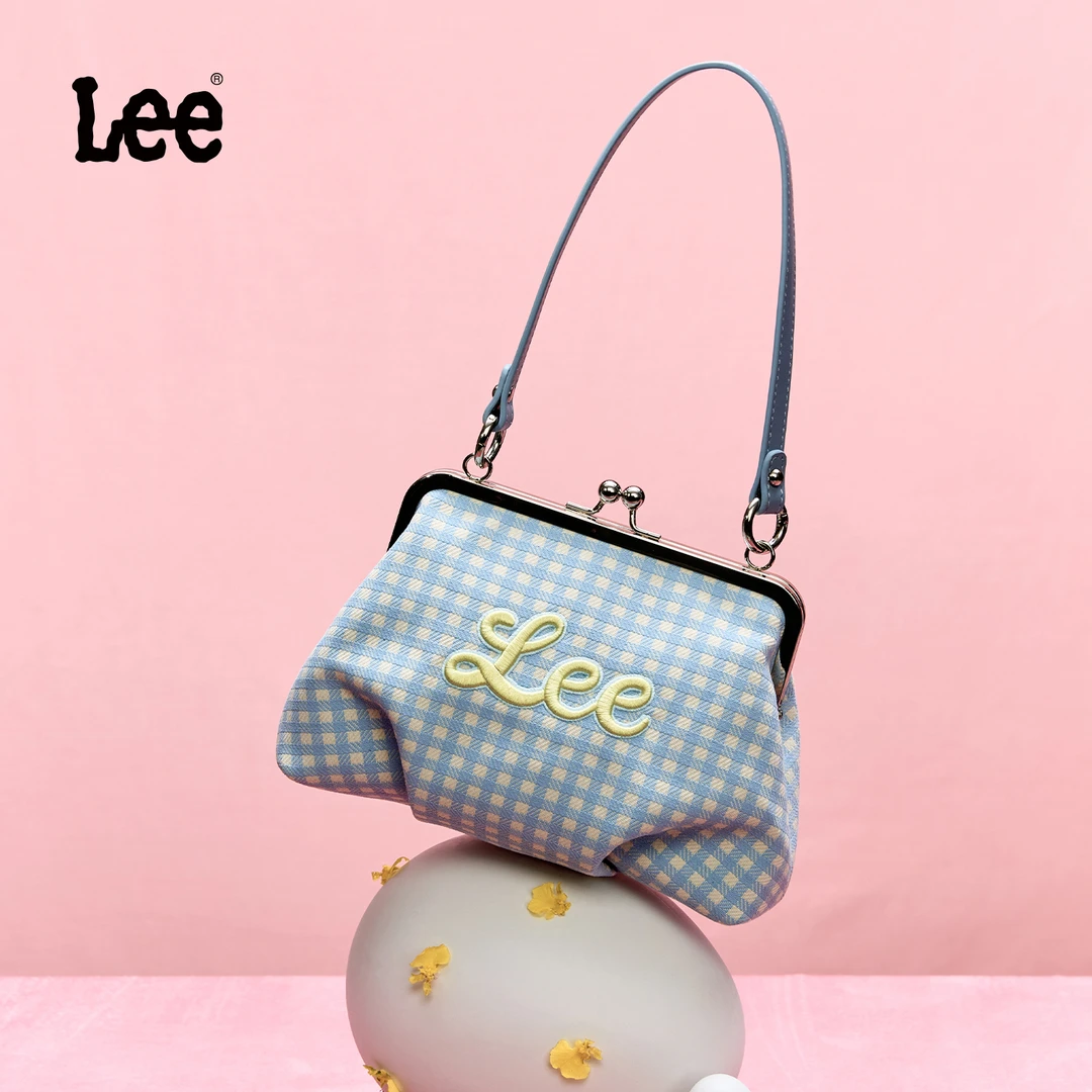 Lee刺绣托特包女口金包时尚设计斜挎包蓝白格纹单肩包通勤链条包