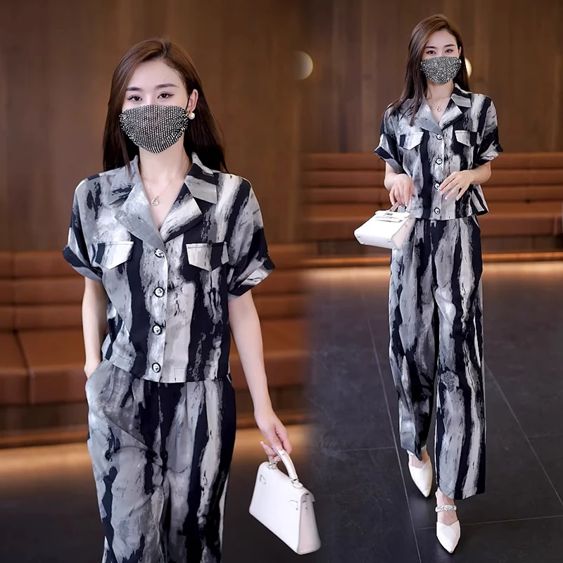 2025夏新款时尚短袖衬衣垂感阔腿裤套装女宽松洋气减龄休闲两件套