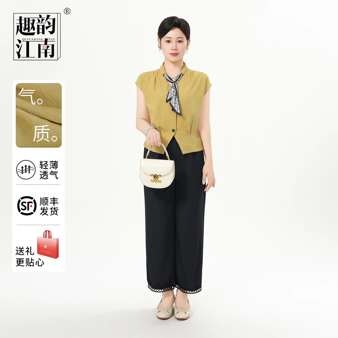 趣韵江南妈妈装夏装法式优雅丝巾领上衣套装中老年女薄款小衫