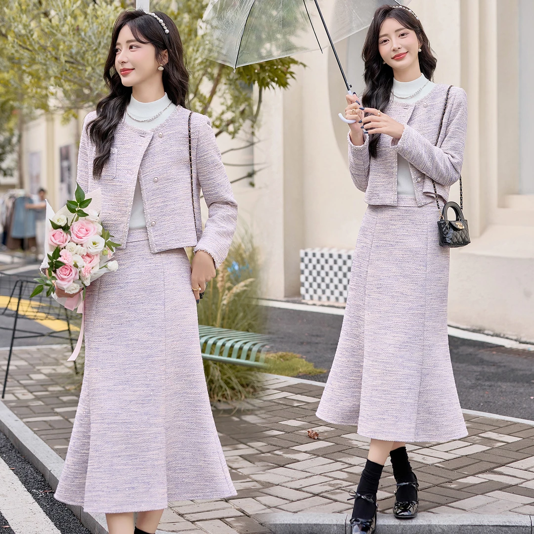韩系高级感穿搭套装紫色小香风外套鱼尾半身裙大方得体穿搭两件套