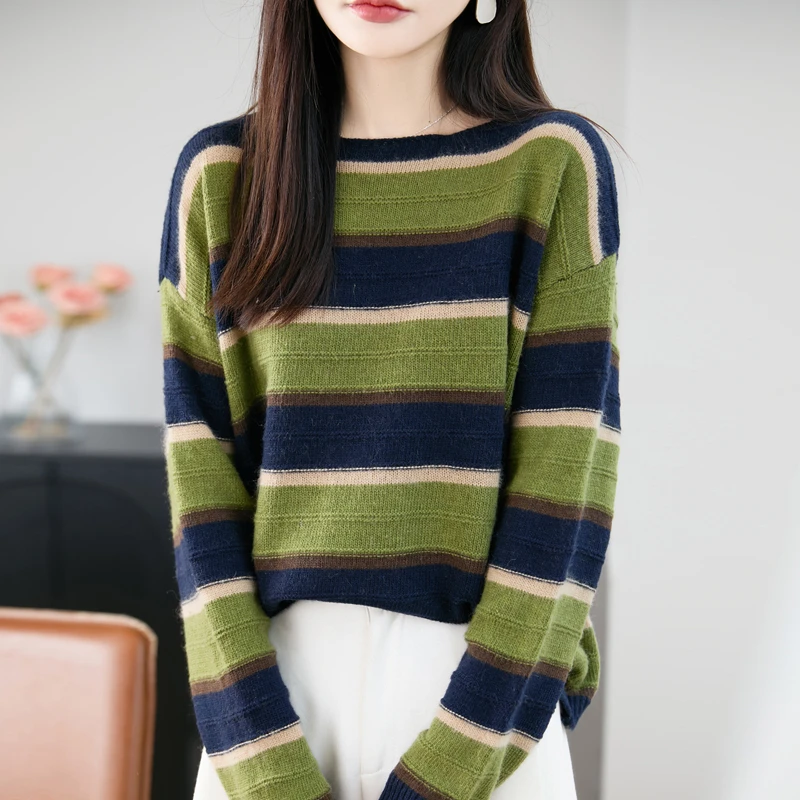 正品哥弟新款羊毛衫时髦女装2025冬季圆领条纹撞色宽松洋气毛衣服
