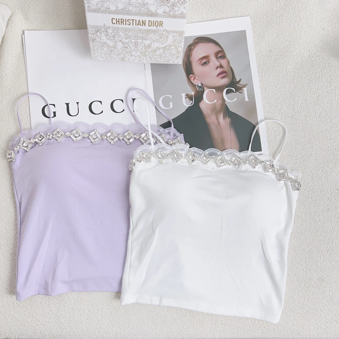 春夏~重工镶钻拼接蕾丝吊带背心设计感小众内搭修身显瘦抹胸上衣