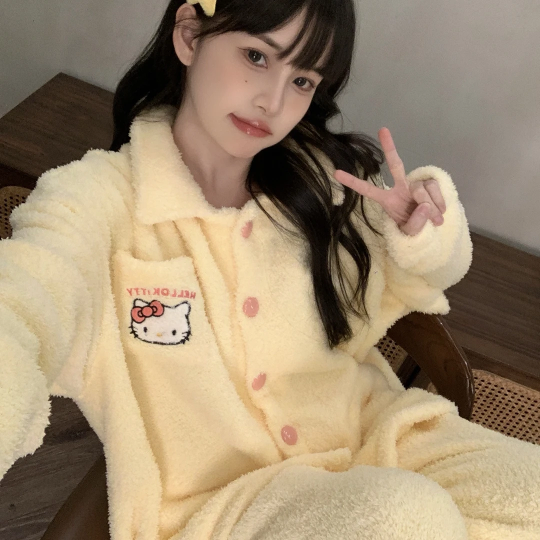 黄色KT猫软绵绵半边绒可爱少女珊瑚绒加绒加厚保暖冬季睡衣家居服