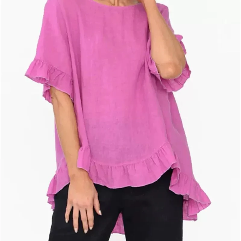 246夏季新款纯色荷叶边宽松透气不闷热显瘦T恤