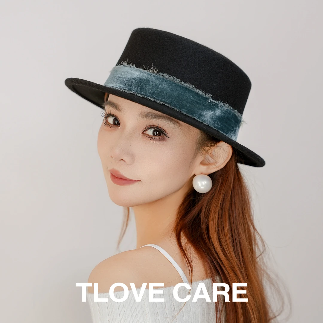 9568+tlove毛毡通用帽子蝴蝶结礼帽硬草帽气质优雅秋冬宽檐