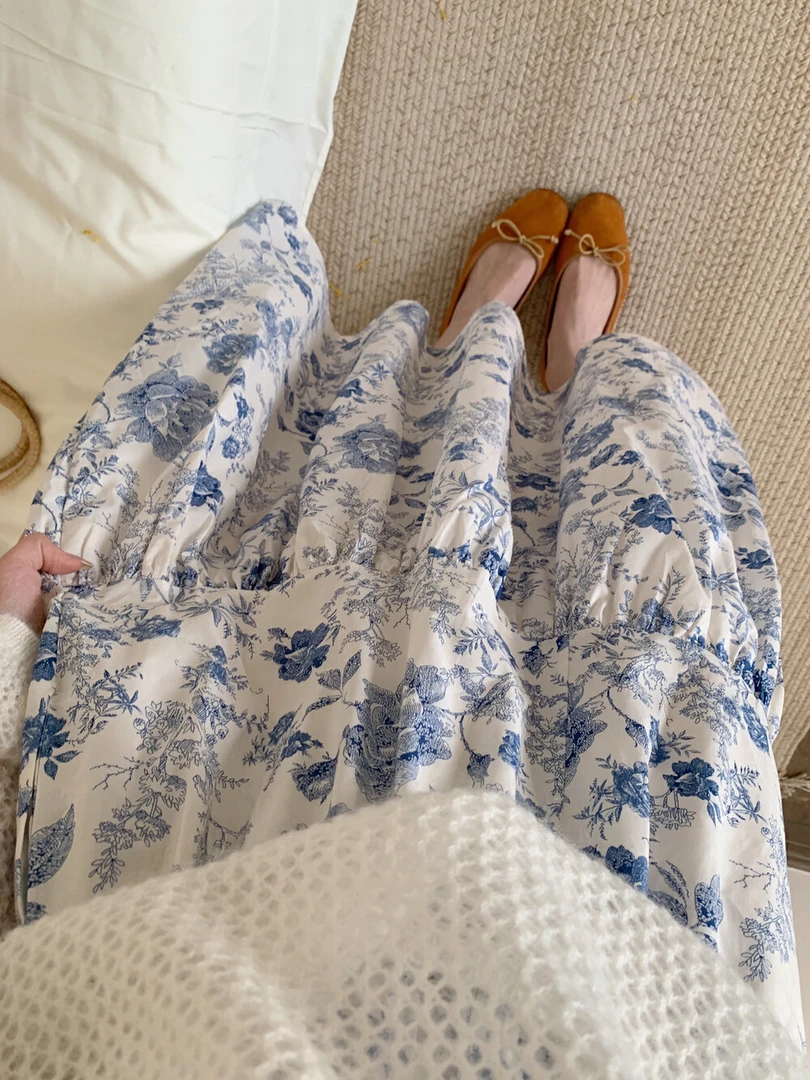 复古国风水墨碎花压褶设计半身裙2025春夏新款高腰显瘦a字长裙女