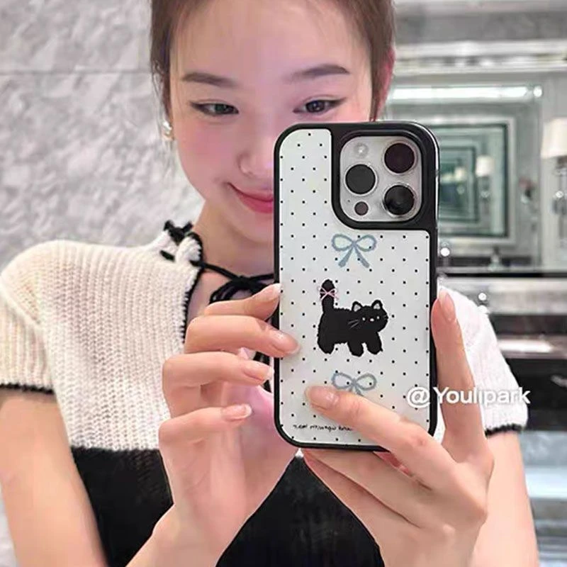 波点蝴蝶结小猫iPhone16promax手机壳14适用苹果女/12/13网红款15