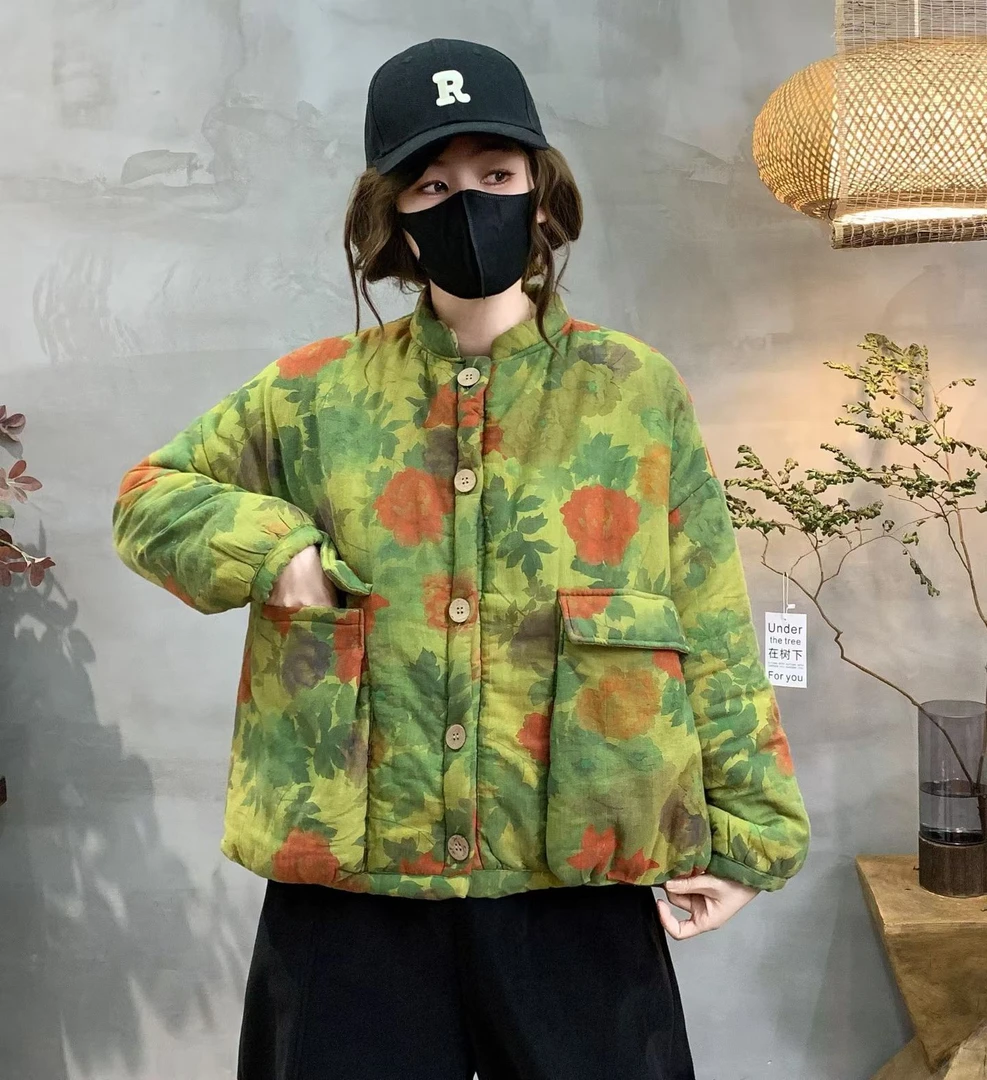 2025新款宽松印花保暖棉衣复古休闲百搭加绒加厚大码冬季棉服外套