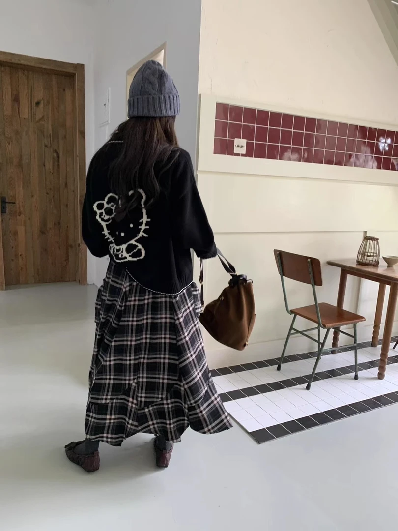 复古王国 小众设计毛衣外套撞色kitty猫针织开衫休闲百搭黑色韩版