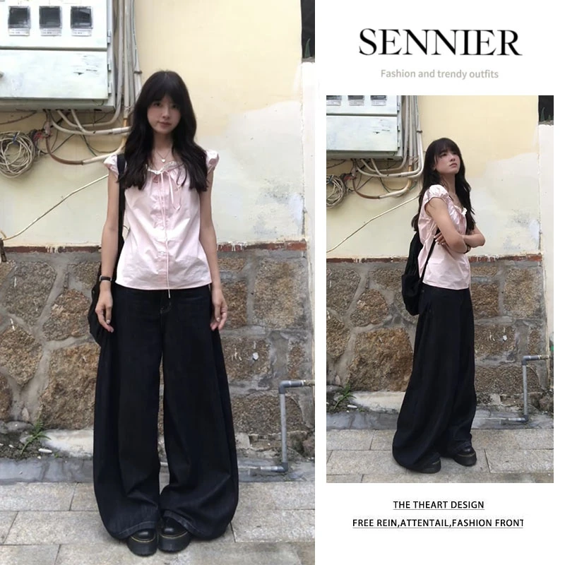 今年流行漂亮套装2025新款百搭纯色短袖上衣显瘦阔腿牛仔裤两件套