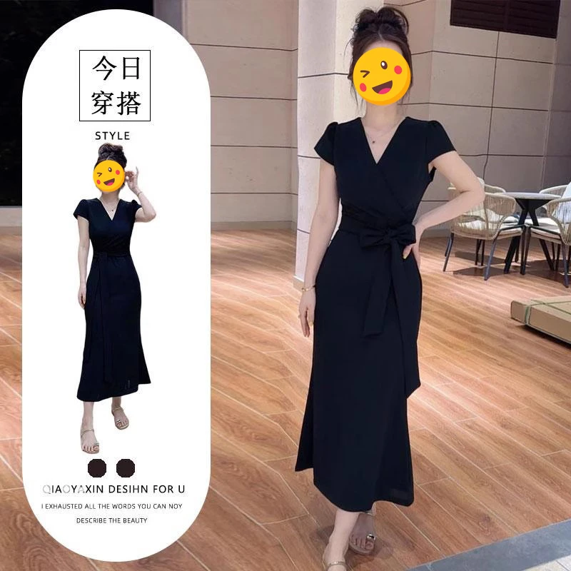 法式纯欲气质绑腰V领连衣裙女夏季新款设计感老钱风松弛感女装