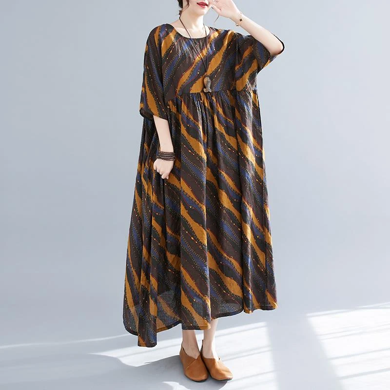 夏季女装棉麻圆领宽松大码胖MM文艺加肥加大印花短袖连衣裙女