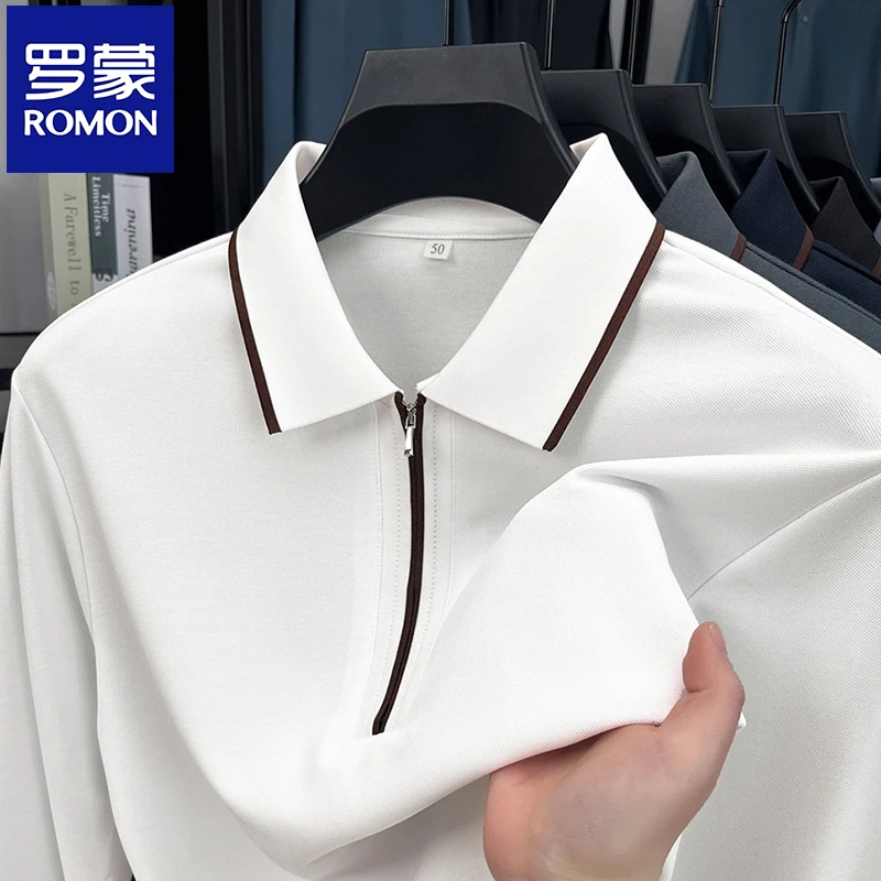 Romon/罗蒙【蚕丝+羊毛】春季新款翻领商务polo衫时尚宽松打底衫男