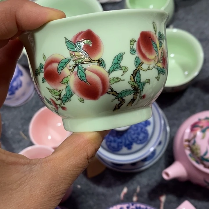 盖碗陶瓷绿稀土寿桃大缸杯