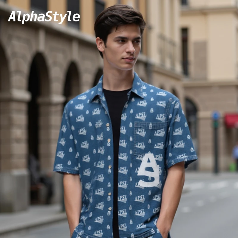 AlphaStyle潮牌夏季短袖纯棉牛仔衬衫个性潮流满印花男女时尚休闲