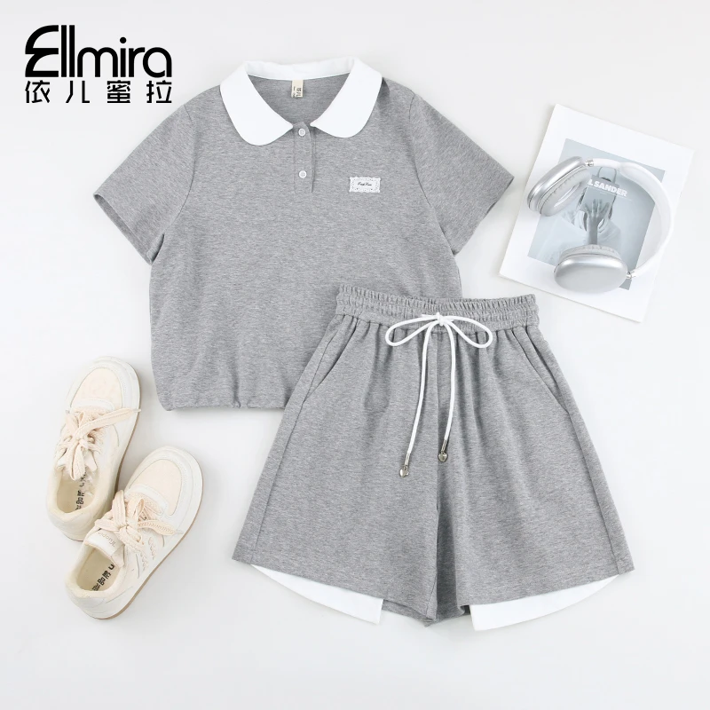 9113女童运动套装夏季儿童polo衫两件套灰色2025新款女大童洋气潮