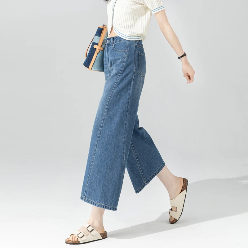 高腰牛仔裤女2025新款天丝薄款美式阔腿裤小个子八分直筒裤九分裤