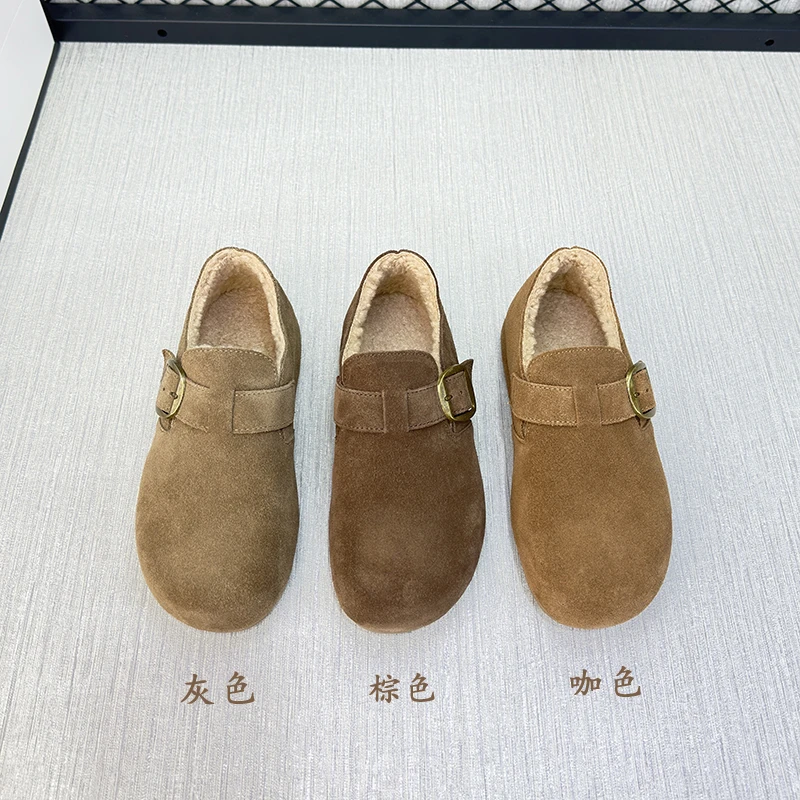 诗路花路女鞋2024冬加绒复古勃肯鞋百搭皮带扣保暖棉鞋 80-1076-1