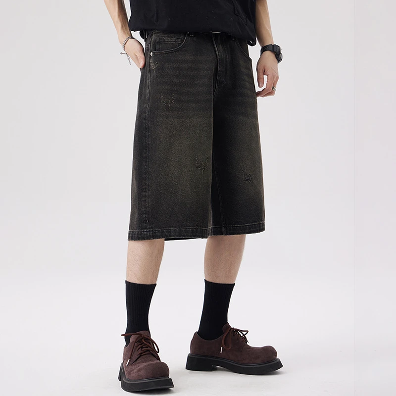 复古水洗七分牛仔短裤男2024夏季薄款宽松直筒男士潮流百搭中裤子