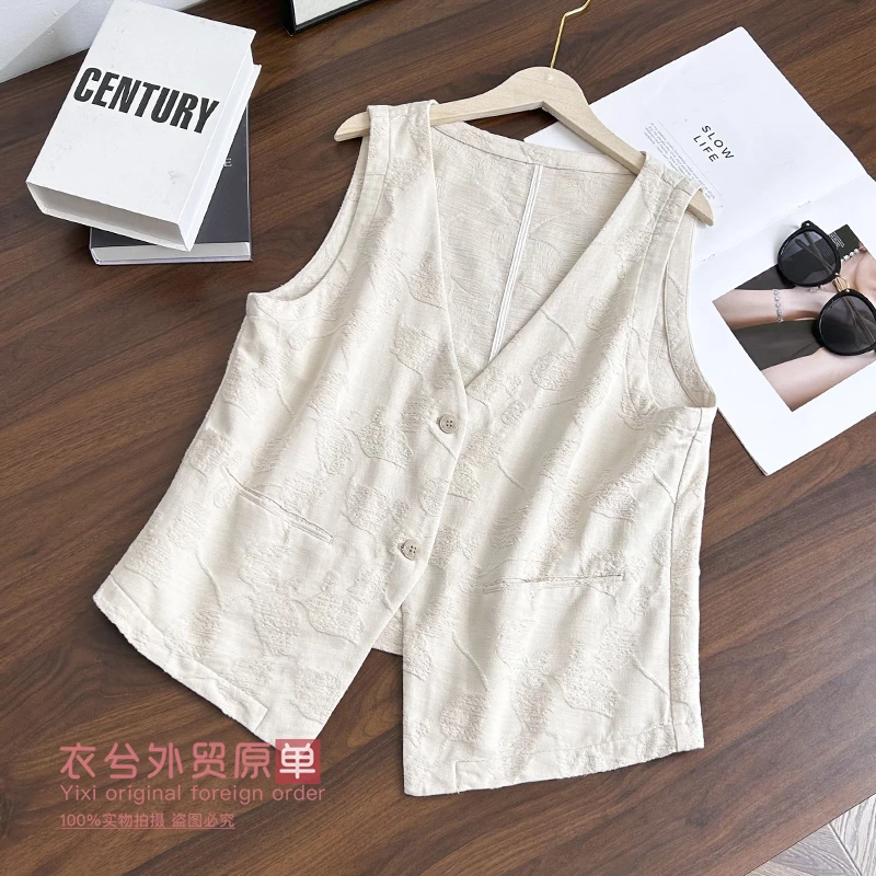 （衣兮新中式提花棉麻马甲）883春季国风两粒扣V领宽松百搭马甲Z