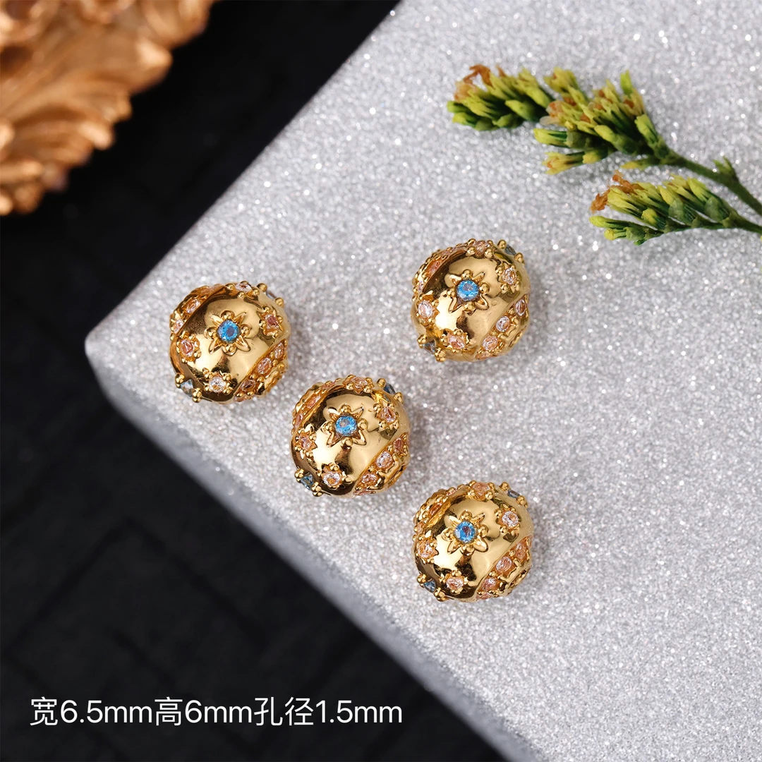 【来福工厂】18k金豪镶爆闪托帕蓝八芒星6.5mm隔珠路路通配饰配件