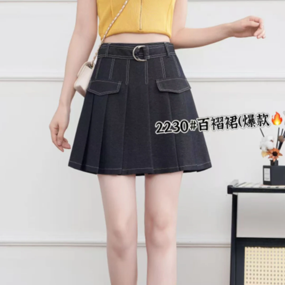 2230#【裙长42】时尚高腰百褶显瘦防走光百搭A字半身短裙