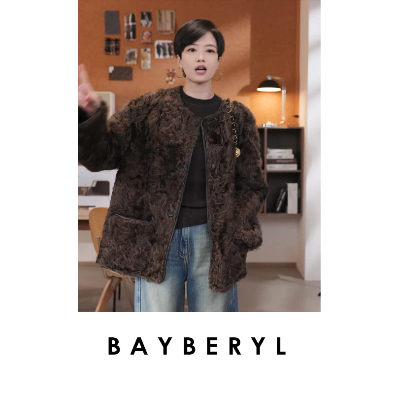 BAYBERYL老贝阿斯顿*湖羊两面穿棕圆领排扣一体皮衣PY4I1226-9/13