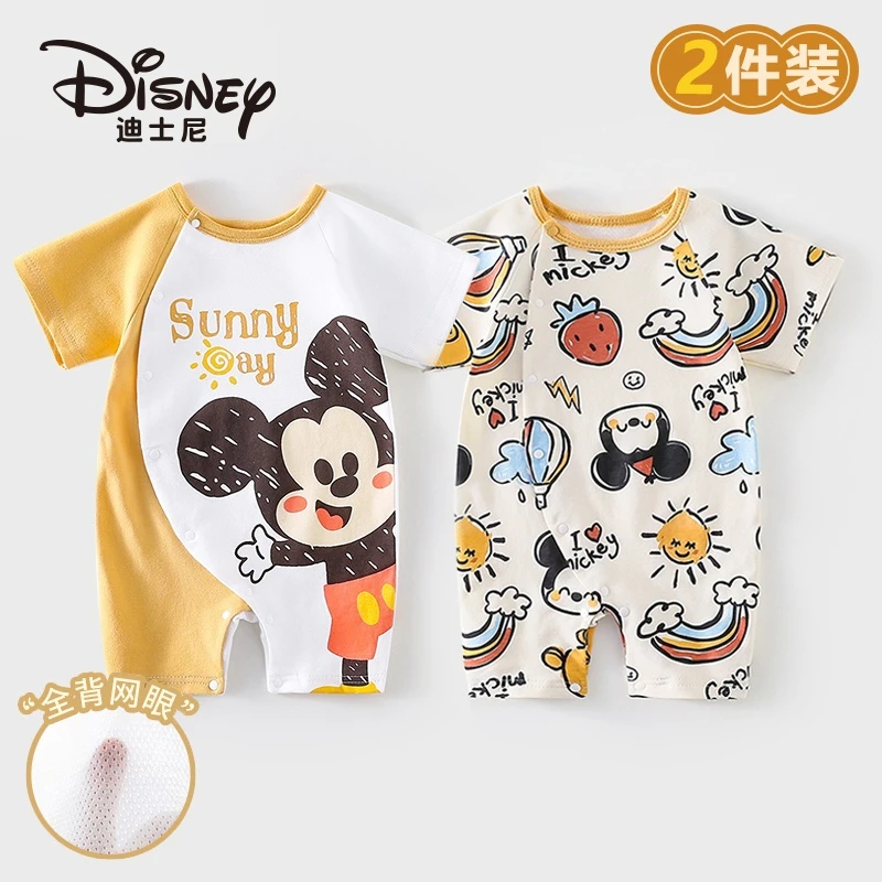 Disney/迪士尼婴儿夏季薄款连体衣纯棉短袖哈衣卡通网眼透气衣服