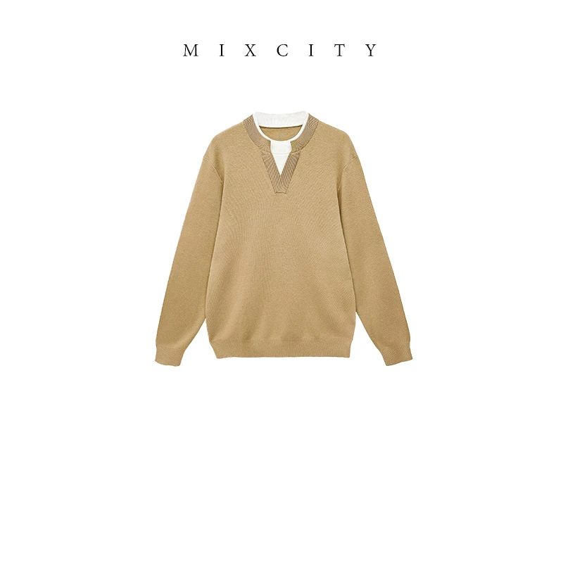 【MIXCITY亚楠家】暖冬衫◆男士假两件蚕丝羊绒加厚打底针织衫8808