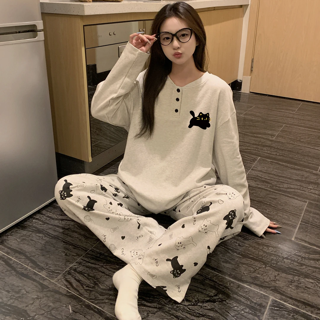 睡衣女秋冬季纯棉长袖大码2025新款可外穿黑猫家居服冬天全棉套装