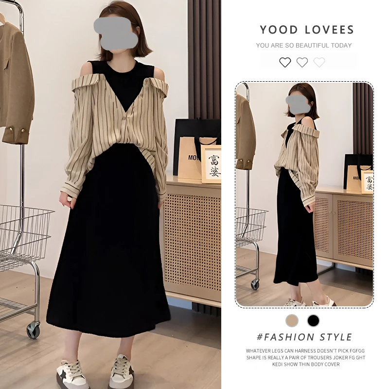 2025年春秋新款气质衬衫假两件连衣裙女设计感收腰时尚显瘦长裙子