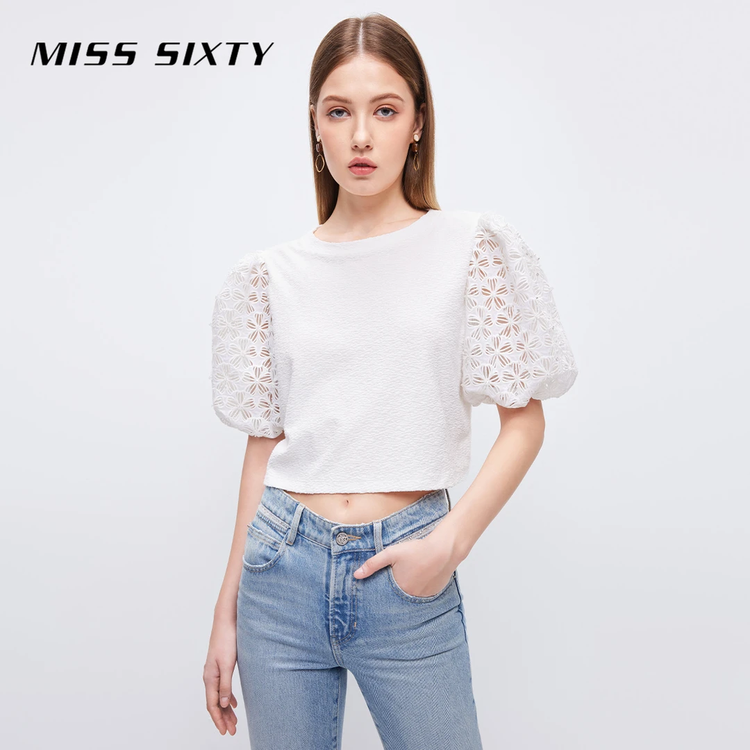 MissSixty年夏季小众短袖t恤女法式泡泡袖镂空钉珠气质短款上衣