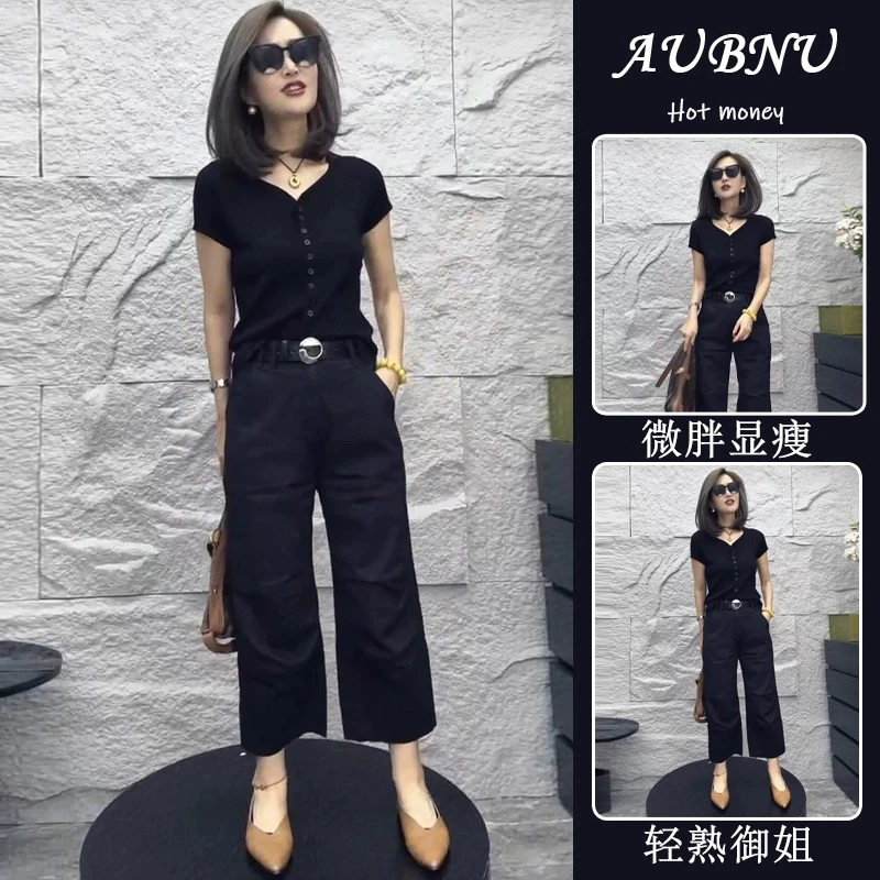 夏装搭配一整套时尚气质小香风微胖显瘦上衣短袖休闲阔腿裤两件套