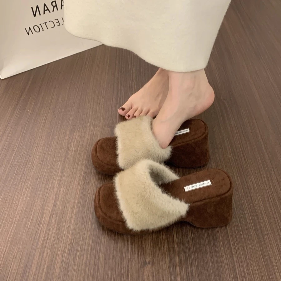 厚底增高毛毛拖鞋女外穿2025秋冬新款小个子百搭一字拖居家棉拖鞋